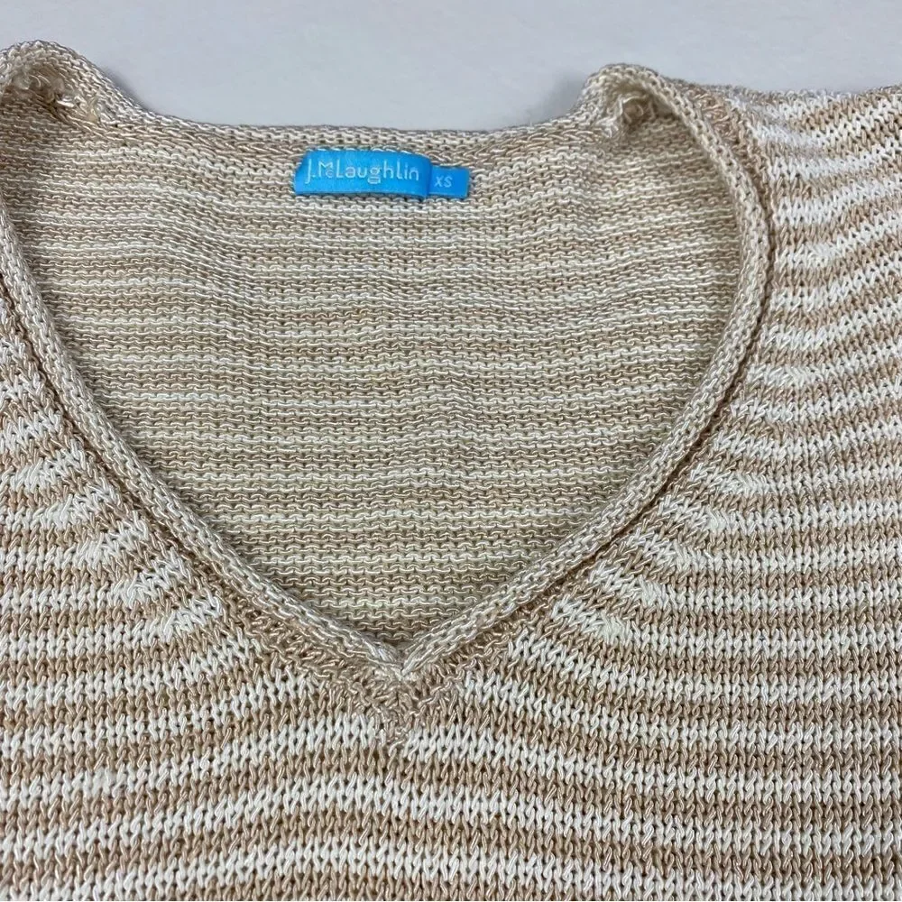 J.McLAUGHLIN Callum Striped Knit V Neck Sweater Sand White XS